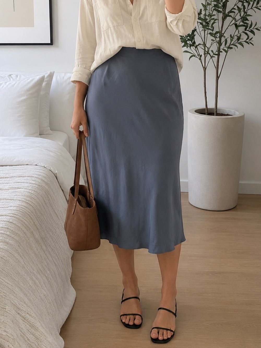 Madewell Satin Midi Slip Skirt Blue Gray Size 10 Minimalist Chic Office Preppy